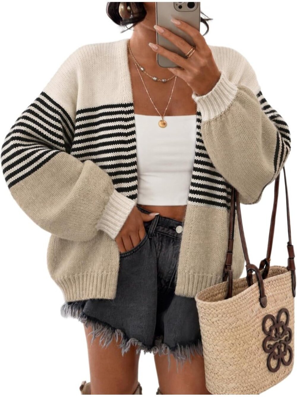 Women Black Stripe Long Sleeve Chunky Knit Oversized Open Front Cardigan Sweater
